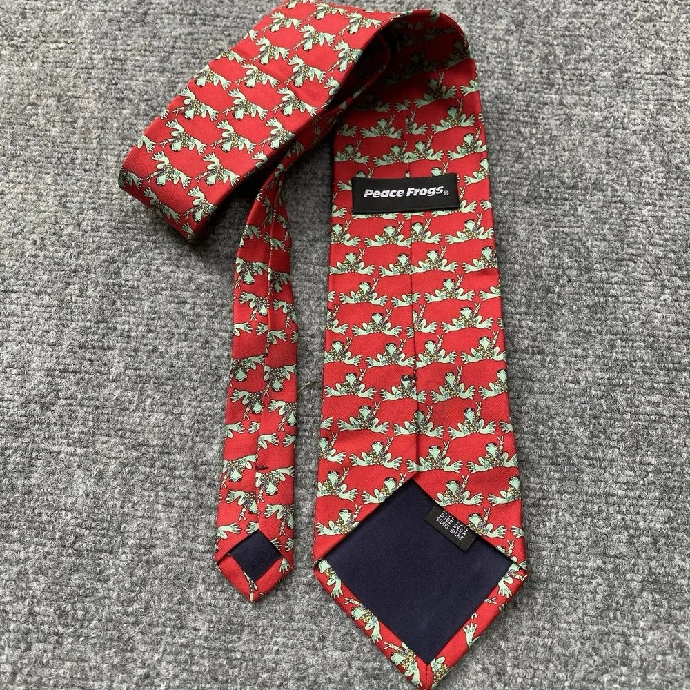 Peace Frogs Silk Necktie Red Green Whimsical Novelty Preppy Holiday